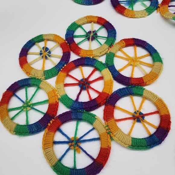 Groovy Boho Hand Made Placemat and Runner Yarn Over Wheels VTG Rainbow Colors - Picture 1 of 5